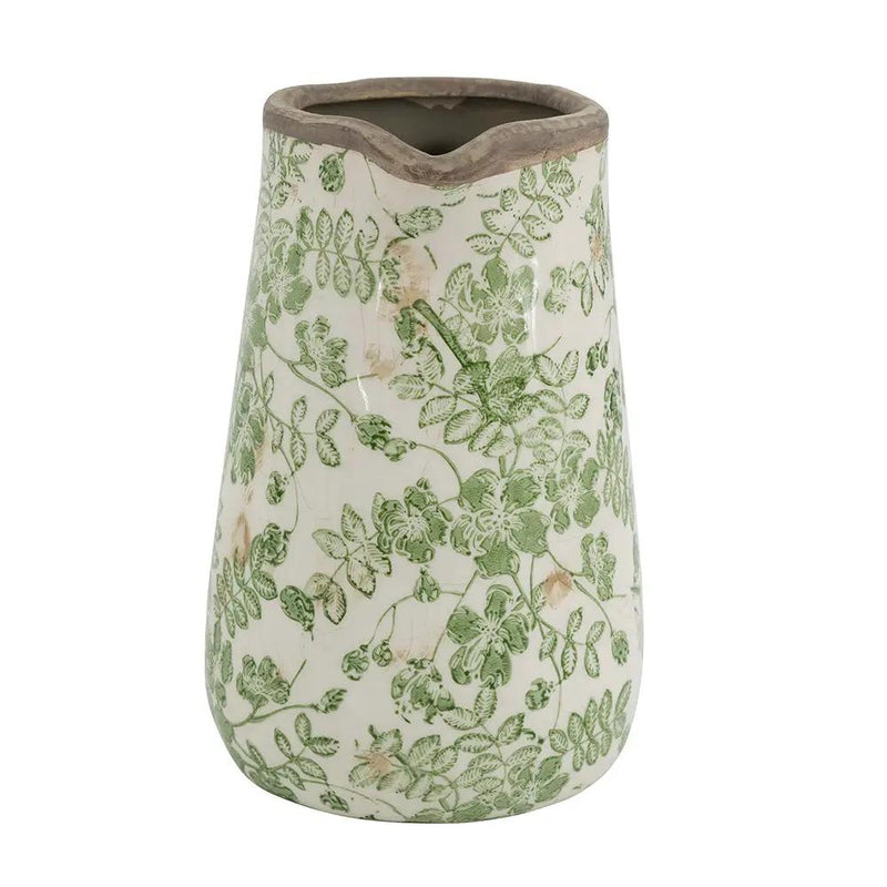 6.3x4.5x7.1' White Ceramic Pitcher Vase with Green Floral Pattern by HouseOfZazla