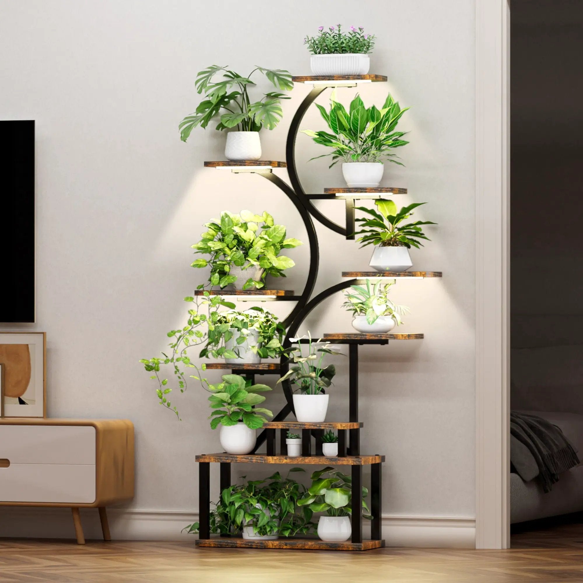 S - Shaped, 10 Tier Plant Stand With 5 Grow Lights - Deep Rustic Brown by HouseOfZazla