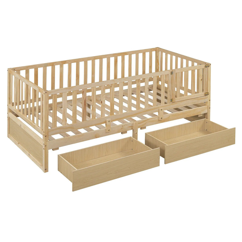 Daybed With Fence Guardrails And 2 Drawers, Split Into Independent Floor Bed & Daybed by HouseOfZazla