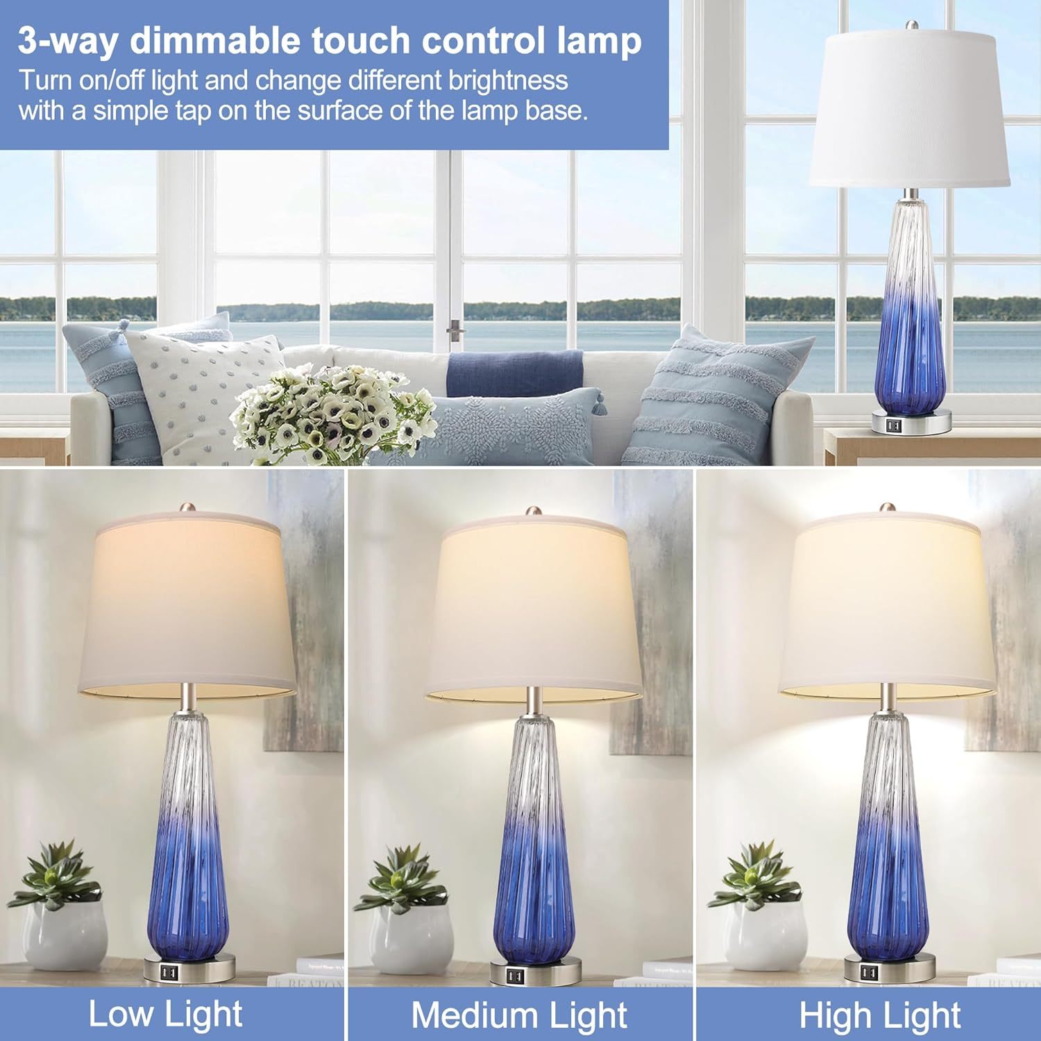 Table Lamps Set of 2 with Touch Control and USB Ports by HouseOfZazla