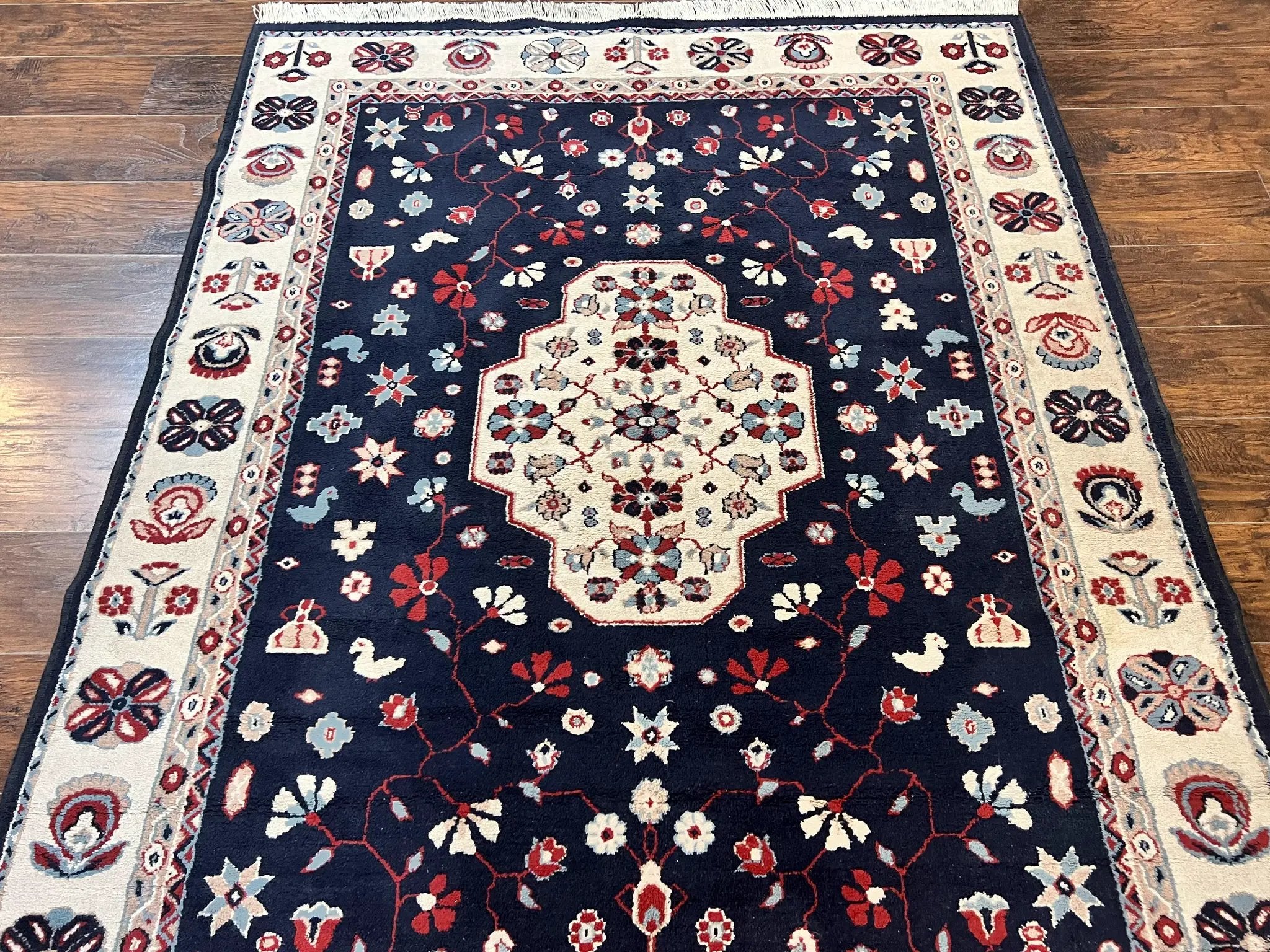Belgium Power Loomed Rug 5.6 x 7, Navy Blue and Ivory, Heriz Pattern, Vintage Oriental Carpet by Jewel Rugs