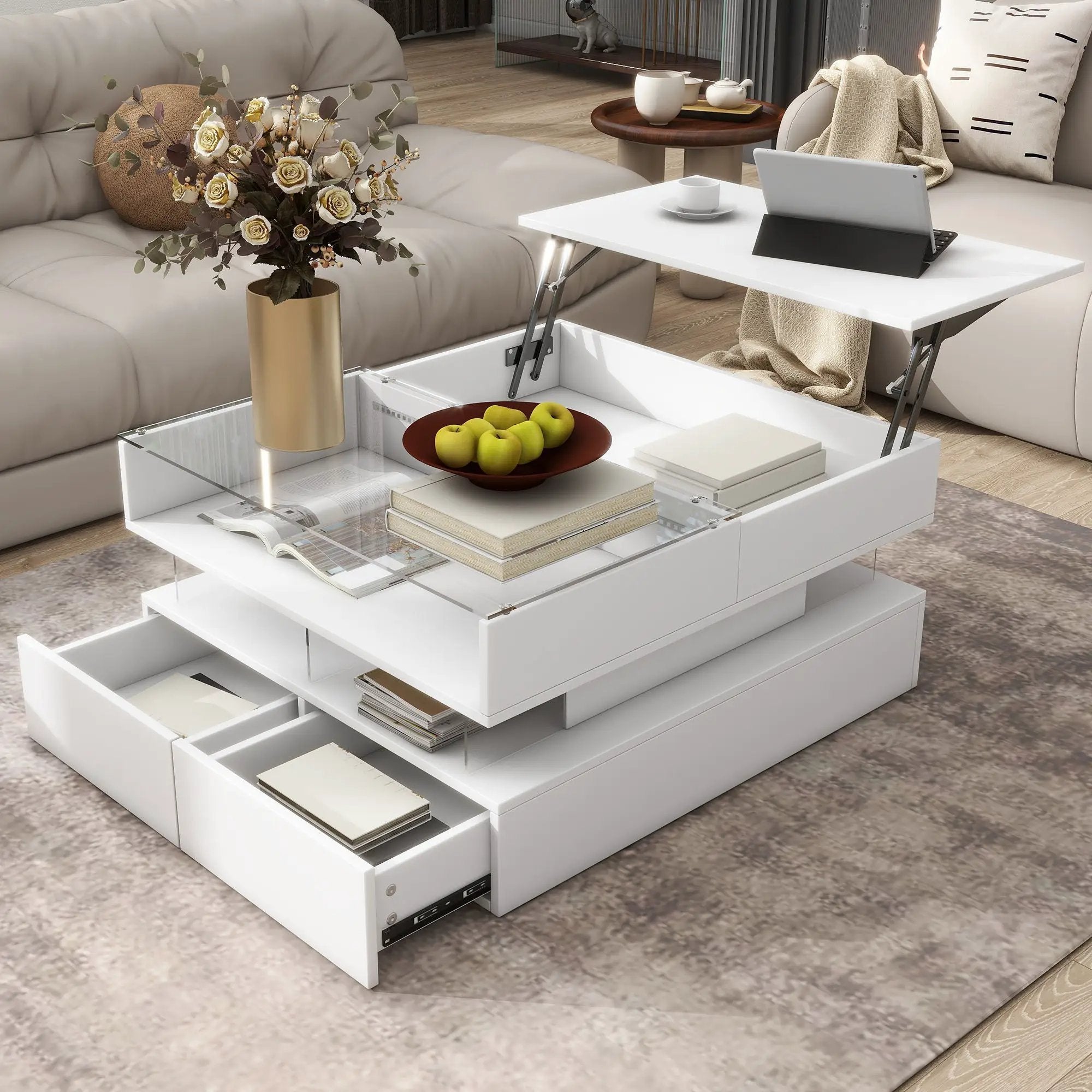 Lift Top Coffee Table With 2 Drawers, Hidden Space And LED Lights For Living Room by HouseOfZazla