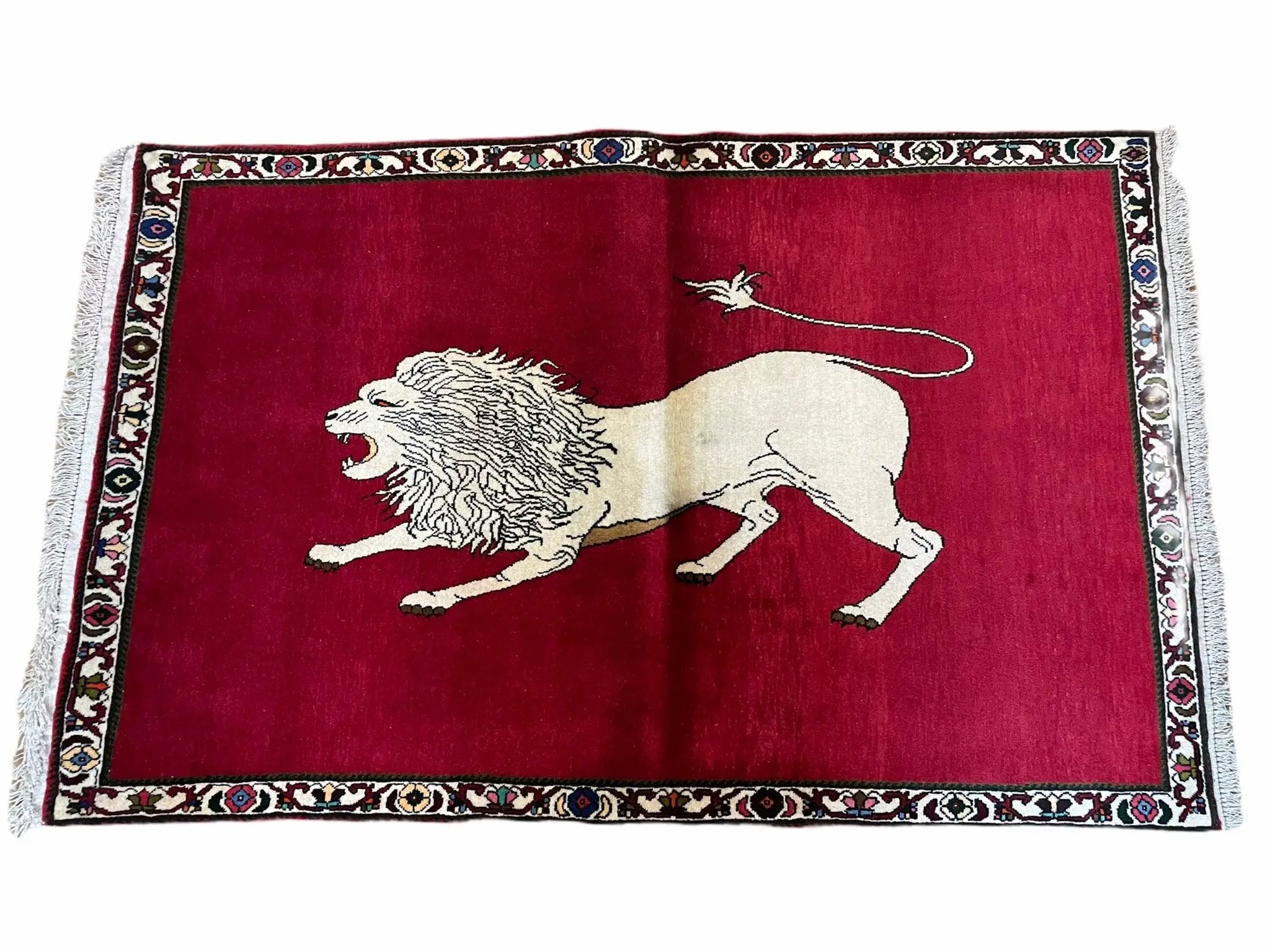 4 X 6 Handmade Hand-Knotted Quality Wool Rug Zagros Lion Red Ivory Tribal Rug by Jewel Rugs