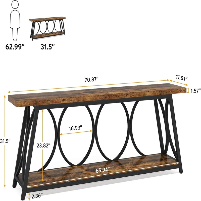 Extra Long Console Table With 2 Tier Storage Shelves For Living Entryway - Brown / Black by HouseOfZazla