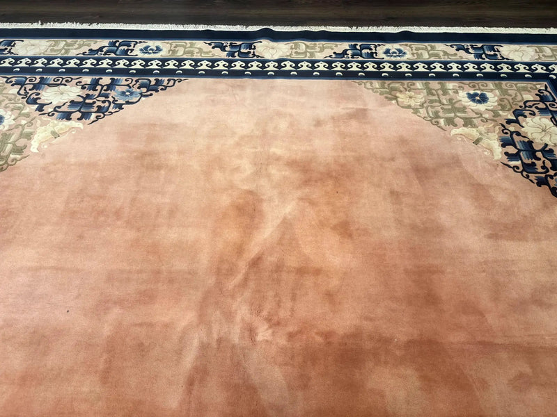Chinese Wool Rug 11x18, Palace Sized Chinese Carpet, Peking Rug, Peach and Blue, Open Field, Simple Design, Art Deco Rug, Large Handmade Rug by Jewel Rugs