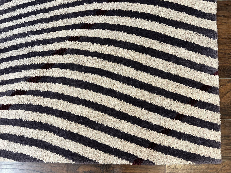 Vintage Zebra Stripes Shag Rug 5.7 x 7.4, Black and White, Retro, Wool by Jewel Rugs