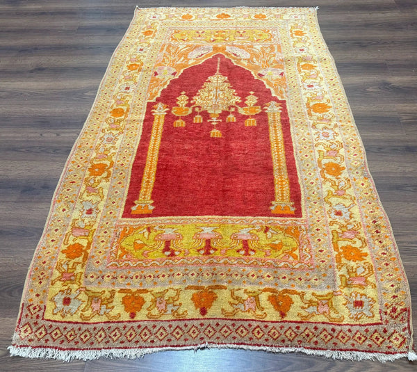 Antique Turkish Prayer Rug 4x6, Red and Golden Mustard, Mihrab Design, Anatolian Carpet, photo 2 of 13