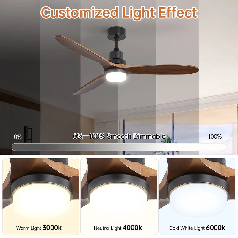 Ceiling Fan With Lights 3 Solid Wood Fan Blade Noiseless Reversible Motor Remote Control - Black by HouseOfZazla
