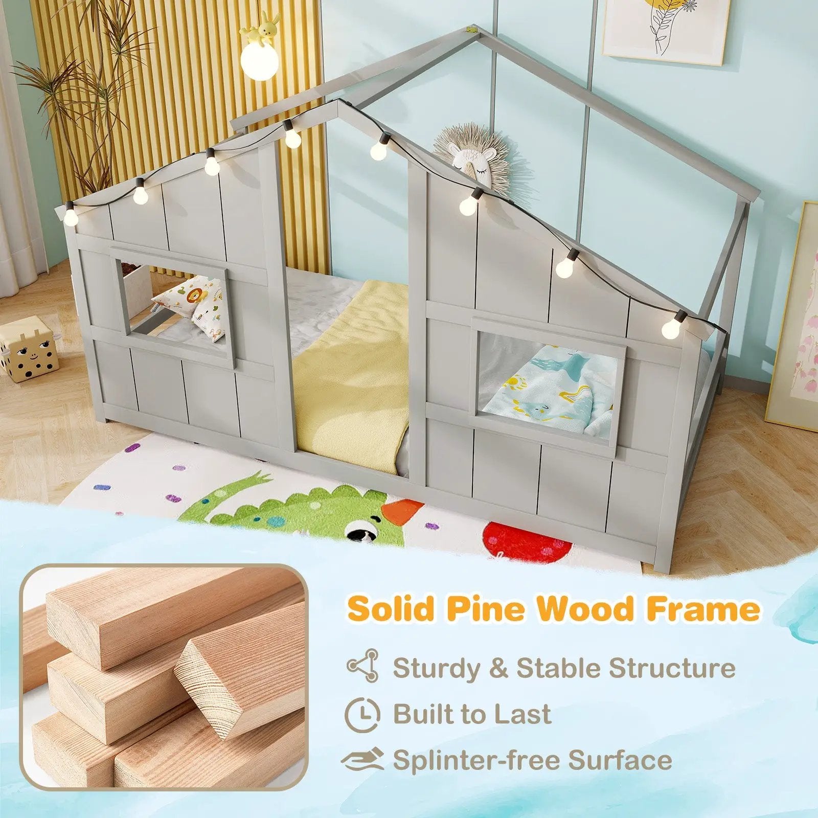Twin Size House Bed with LED Lights Montessori Slat-free Floor Bed by DirectDeals