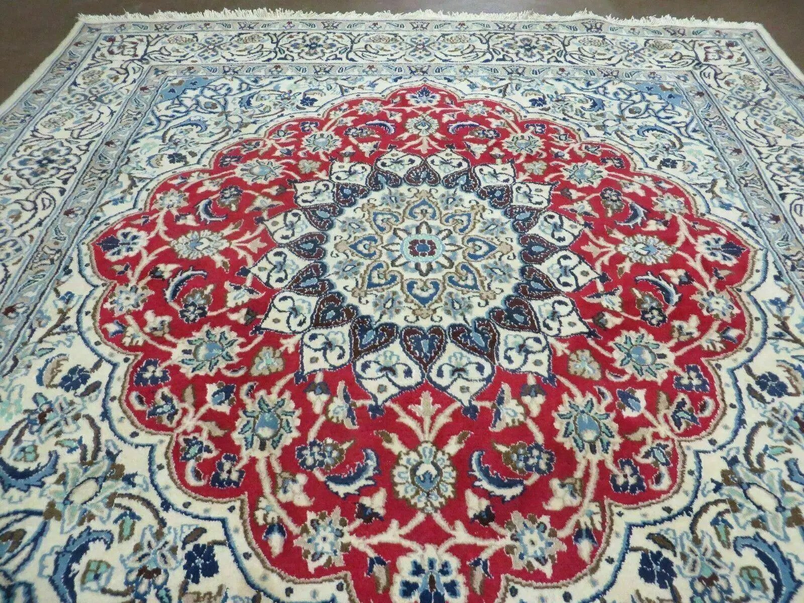 Square Persian Nain Rug 6'3" x 6' 8", Hand-Knotted, Wool with Silk Accents, Ivory Red Blue by Jewel Rugs