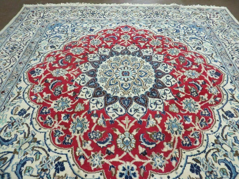 Square Persian Nain Rug 6'3" x 6' 8", Hand-Knotted, Wool with Silk Accents, Ivory Red Blue by Jewel Rugs