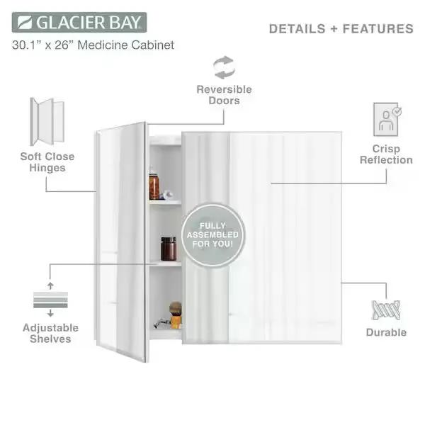 Open Box Glacier Bay 30 in. W x 26 in. H Rectangular Wood Composite Medicine Cabinet with Mirror by Selzalot