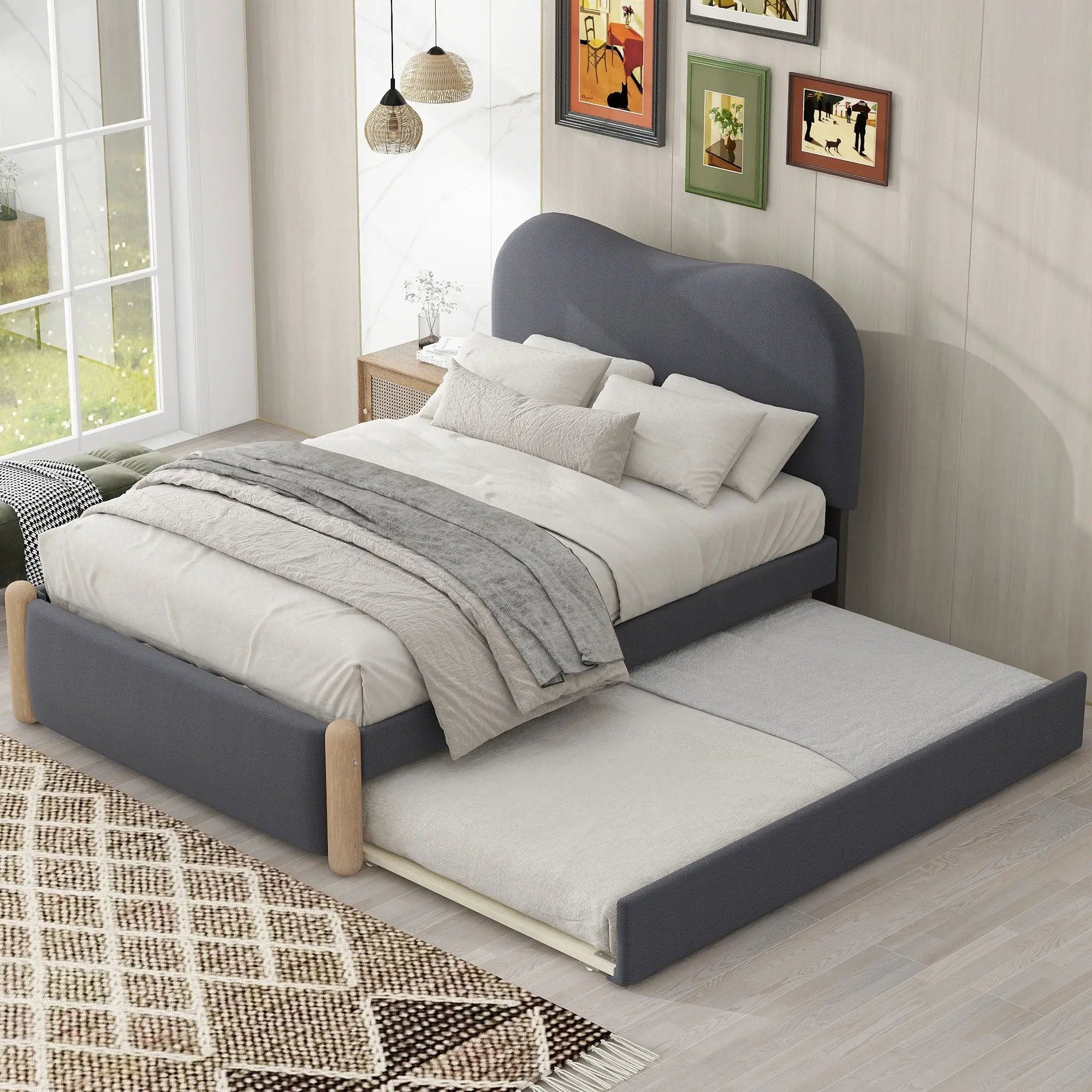 Upholstered Platform Bed With Wood Supporting Feet And Trundle by Unique Piece Furniture