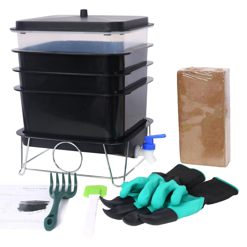 Durable Worm Farm Composting Bin With 4 Tray System For Food Waste Recycling Plastic - Black by HouseOfZazla