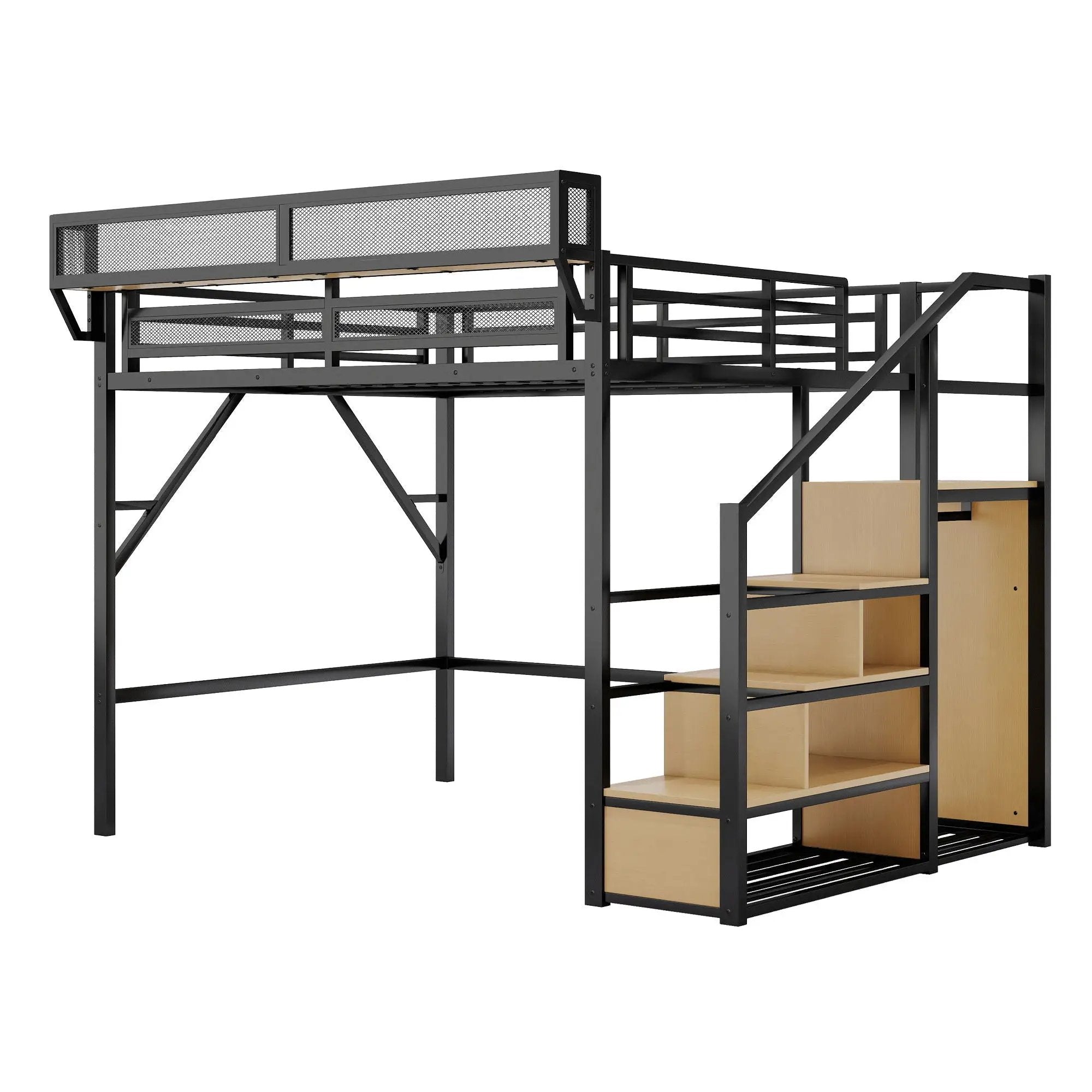 Queen Size Loft Bed & Stairs, Storage Shelves, Wardrobe - Black / Wood by Unique Piece Furniture