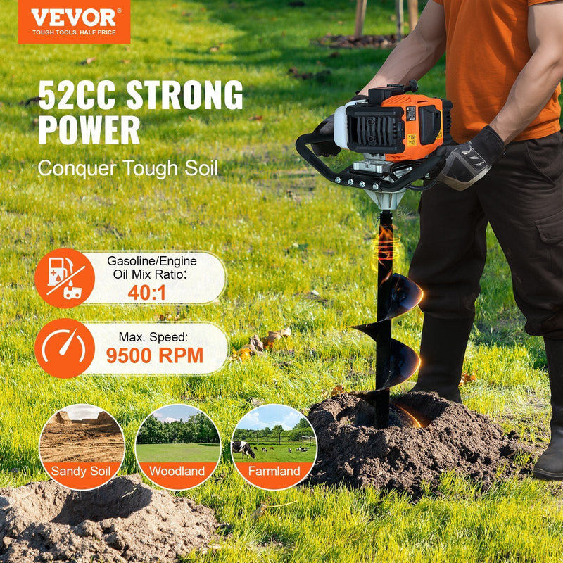 Vevor Gas Post Hole Digger 52Cc 1450W With 8 Drill Bits & Extension Rod Aluminium Alloy - Black by HouseOfZazla
