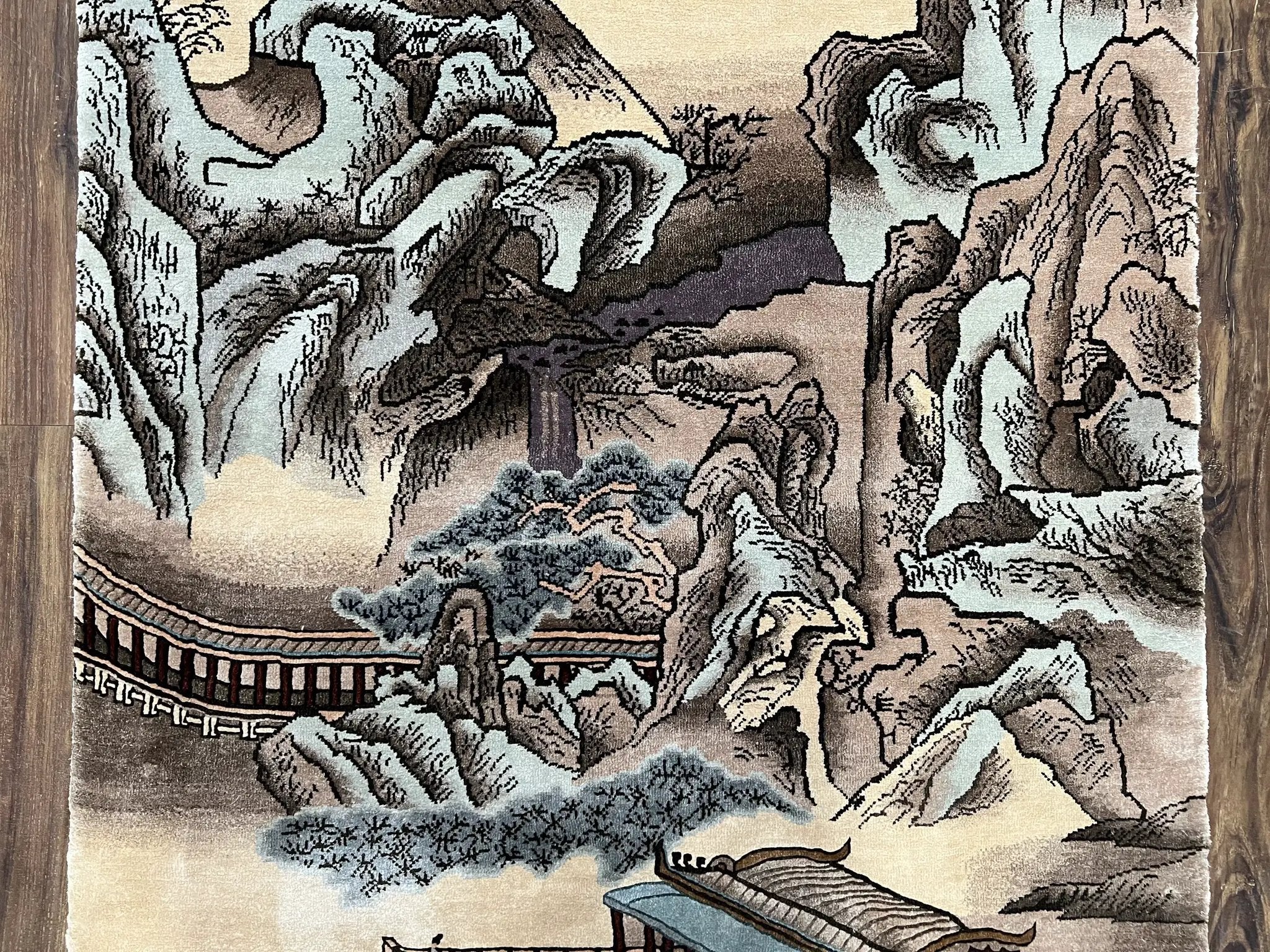 Silk Chinese Wall Hanging Rug 3x6 ft Tapestry, Pagoda Scene, Pictorial, High Quality Fine Hand Knotted Vintage, Asian Oriental Handmade Nice by Jewel Rugs