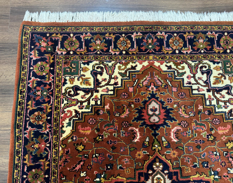 Indo Persian Heriz Rug 4x6, Rust Red Navy Blue and Cream by Jewel Rugs