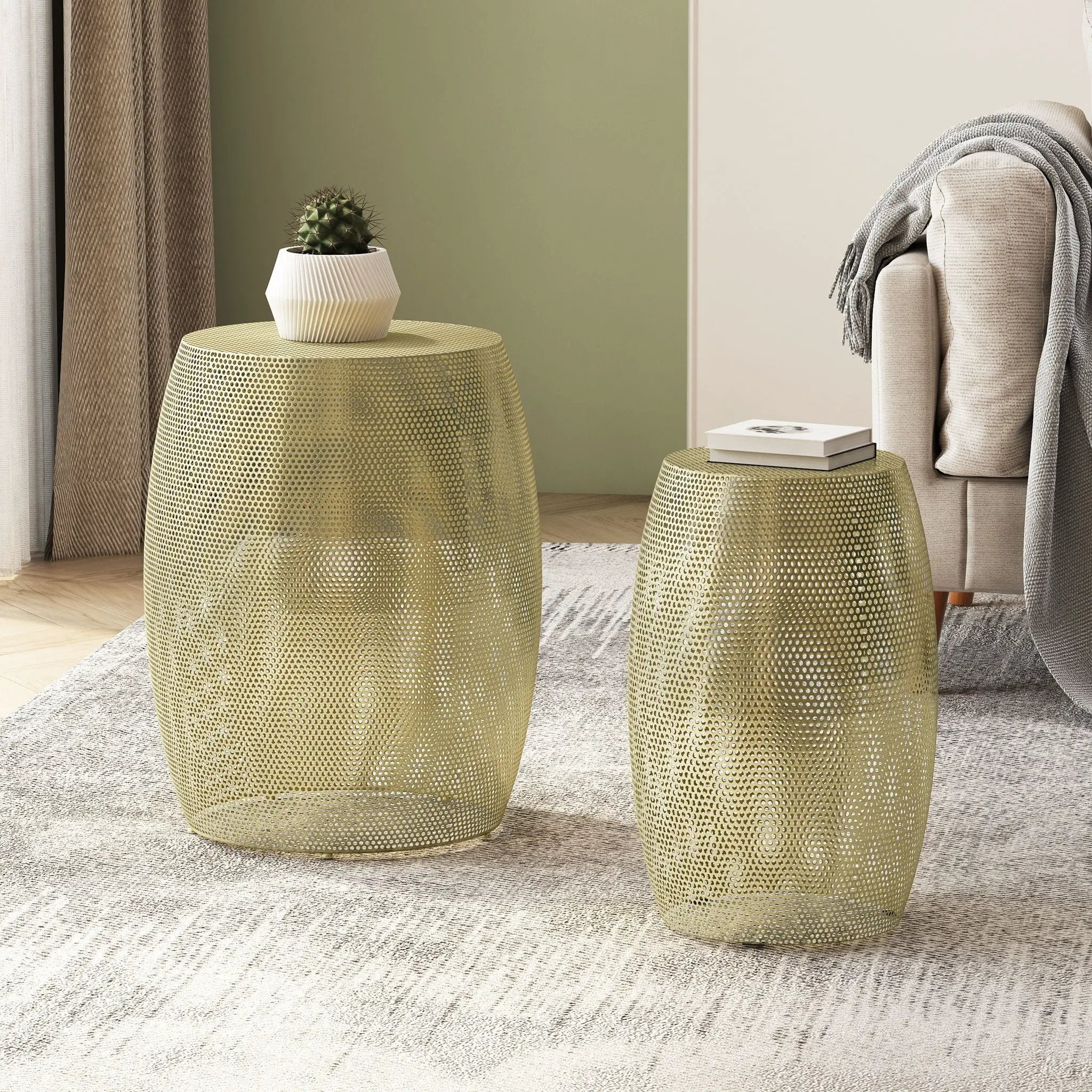 Modern Round Metal Hollow Side Table Set With Openwork Design - Gold by HouseOfZazla