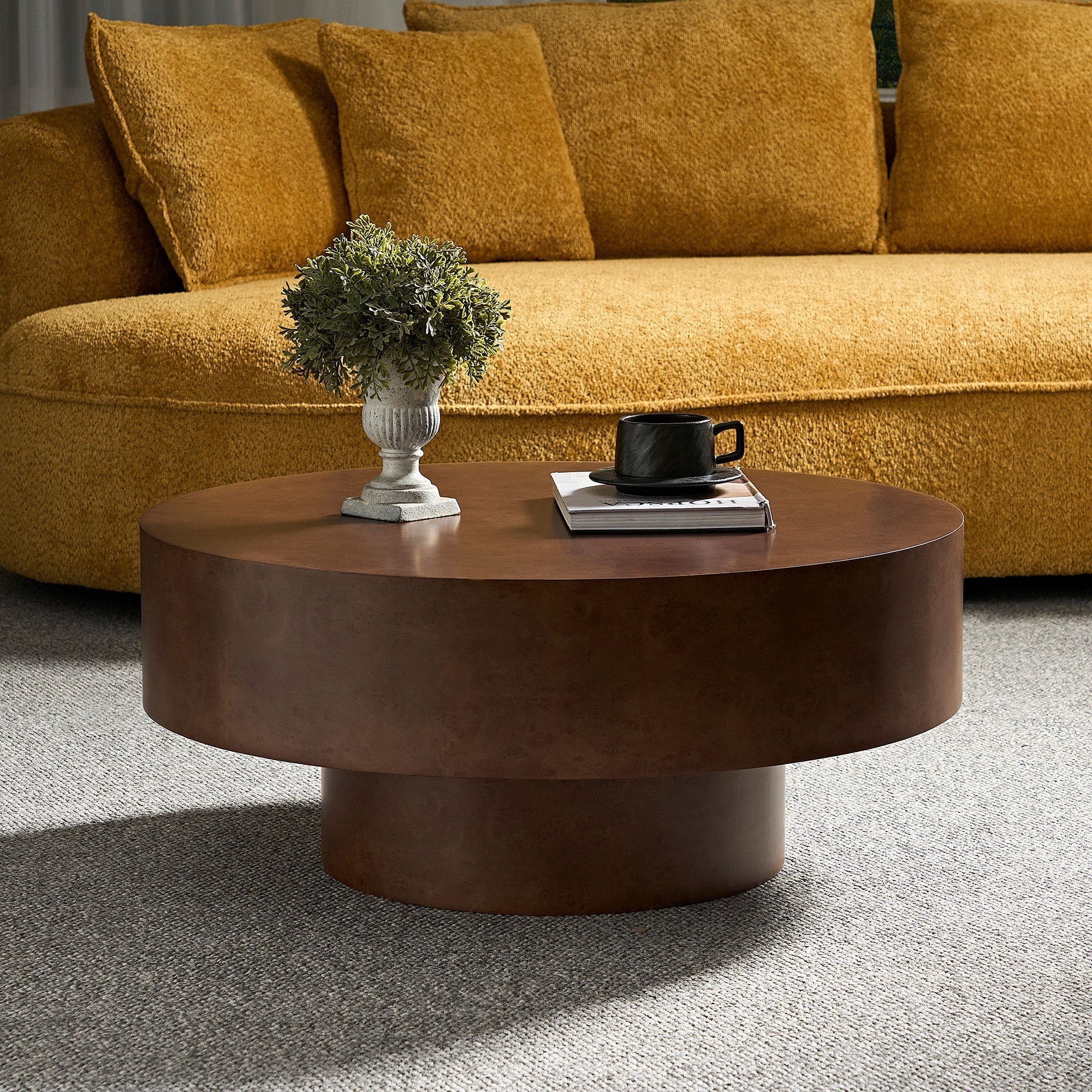 31.49'' Faux Burl Wood Pattern Round Coffee Table with Sturdy Pedestal by HouseOfZazla