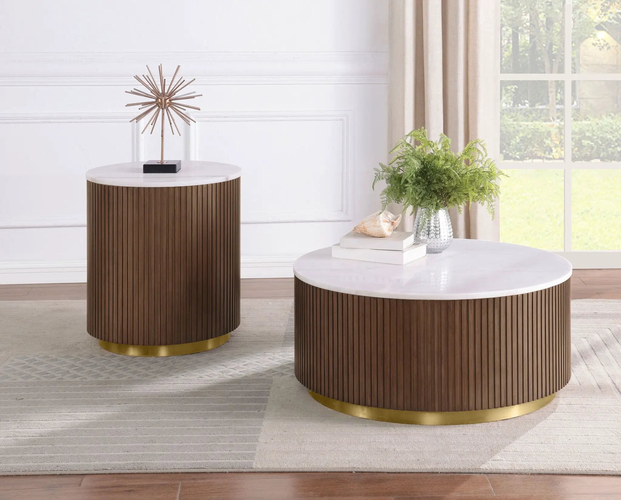 Jason Round White Marble Top Coffee Table Honey Brown by Unique Piece Furniture