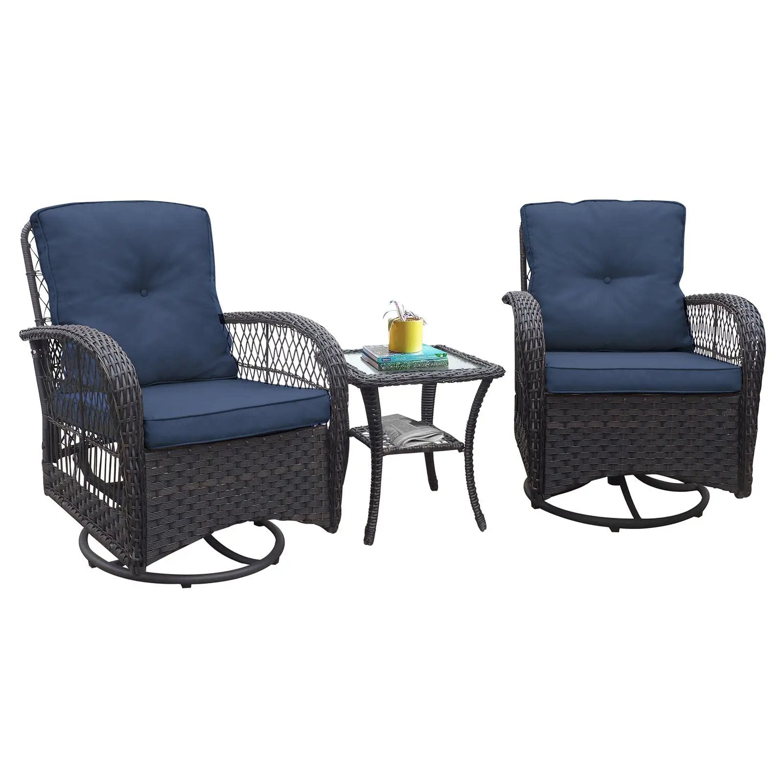 3 Pieces Conversation Set, Outdoor Wicker Rocker Swivel Patio Bistro Set, Rocking Chair With Glass Top Side Table by HouseOfZazla