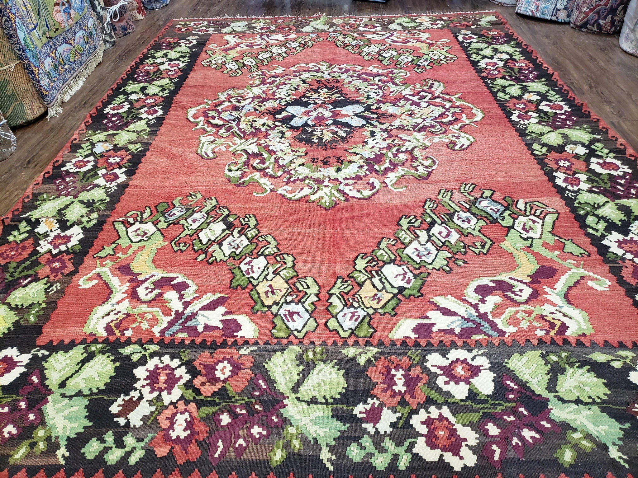 Karabakh Rug 8x11, Caucasian Kilim Rug, Vintage Antique Turkish Anatolian Azerbaijani Carpet, Wool Red & Black Hand-Woven 8 x 11 Living Room by Jewel Rugs