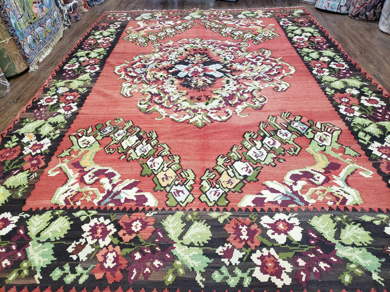Karabakh Rug 8x11, Caucasian Kilim Rug, Vintage Antique Turkish Anatolian Azerbaijani Carpet, Wool Red & Black Hand-Woven 8 x 11 Living Room by Jewel Rugs