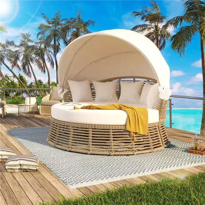 Outdoor Patio Rattan Round Daybed with Retractable Canopy by HouseOfZazla