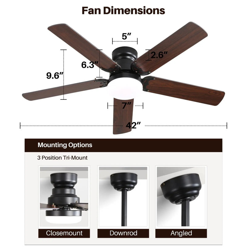 Low Profile Ceiling Fan With Reversible DC Motor, Remote Control, LED Light - Black by HouseOfZazla