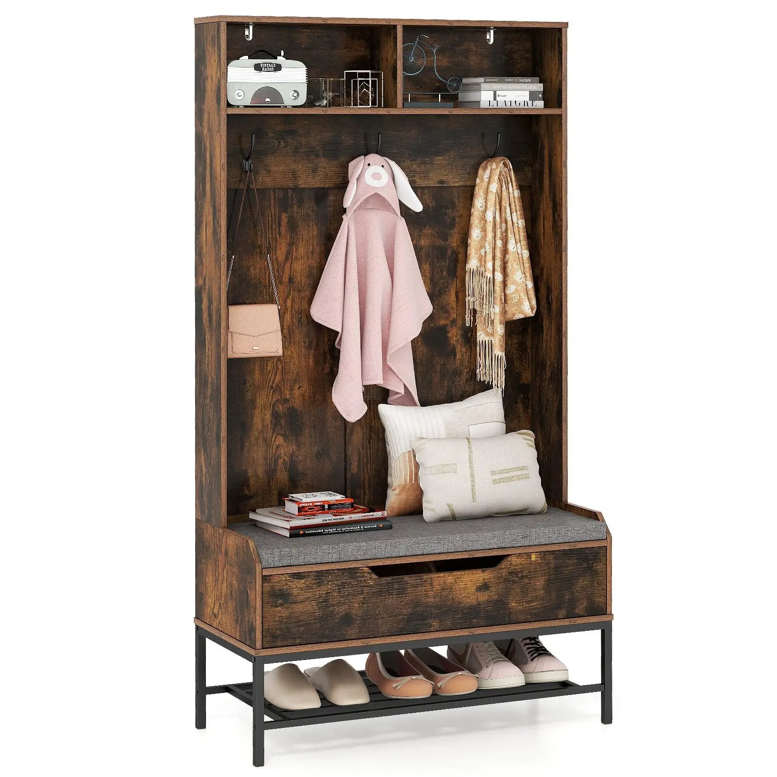 69 Inches Tall Hall Tree 4-in-1 Coat Rack with Seat Cushion and Shoe Storage by DirectDeals
