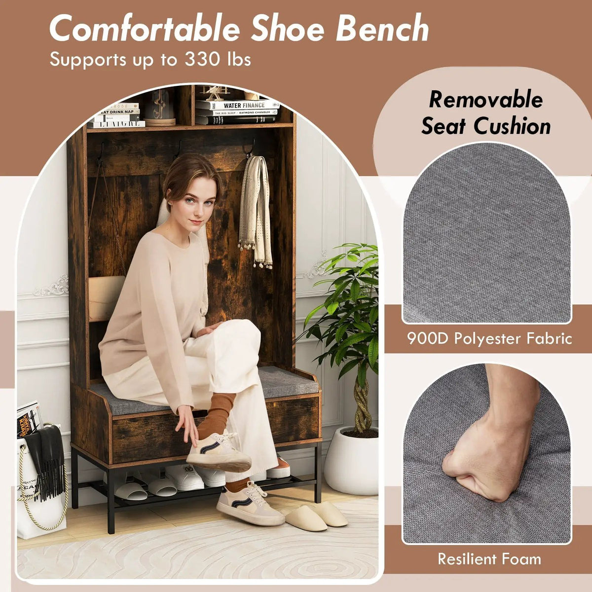 69 Inches Tall Hall Tree 4-in-1 Coat Rack with Seat Cushion and Shoe Storage, photo 7 of 10
