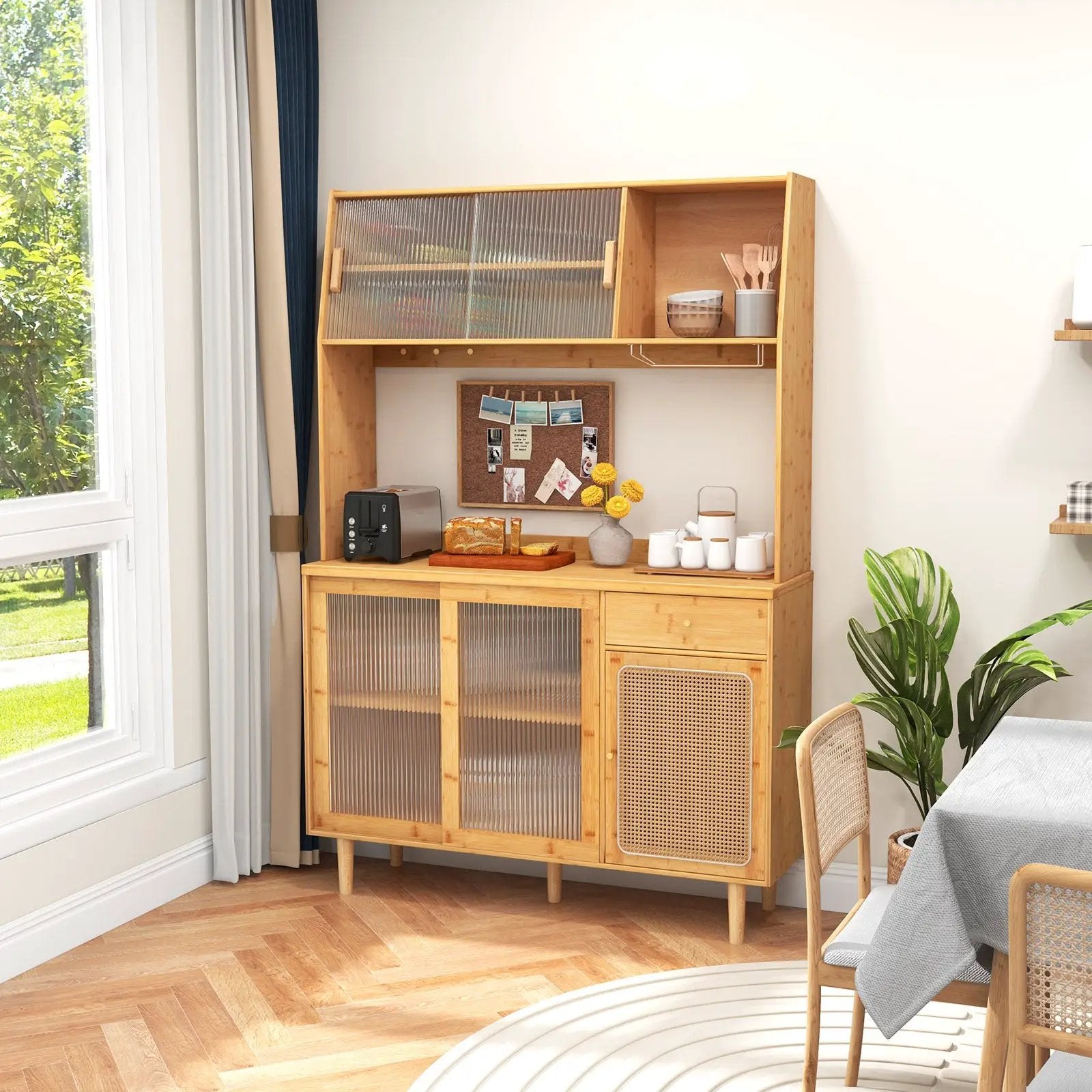 69 Inch Wine Bar Kitchen Cabinet with Sliding Tempered Glass and Rattan Door-Natural by DirectDeals