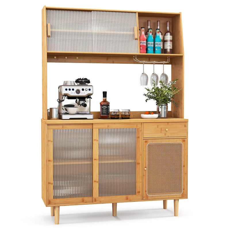69 Inch Wine Bar Kitchen Cabinet with Sliding Tempered Glass and Rattan Door-Natural by DirectDeals