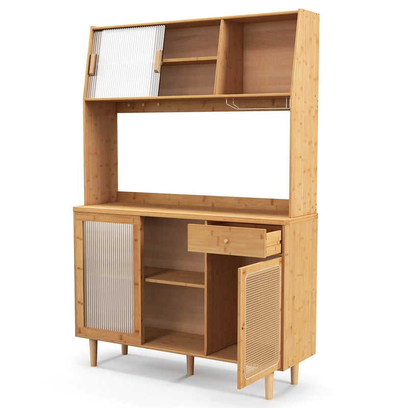 69 Inch Wine Bar Kitchen Cabinet with Sliding Tempered Glass and Rattan Door-Natural by DirectDeals