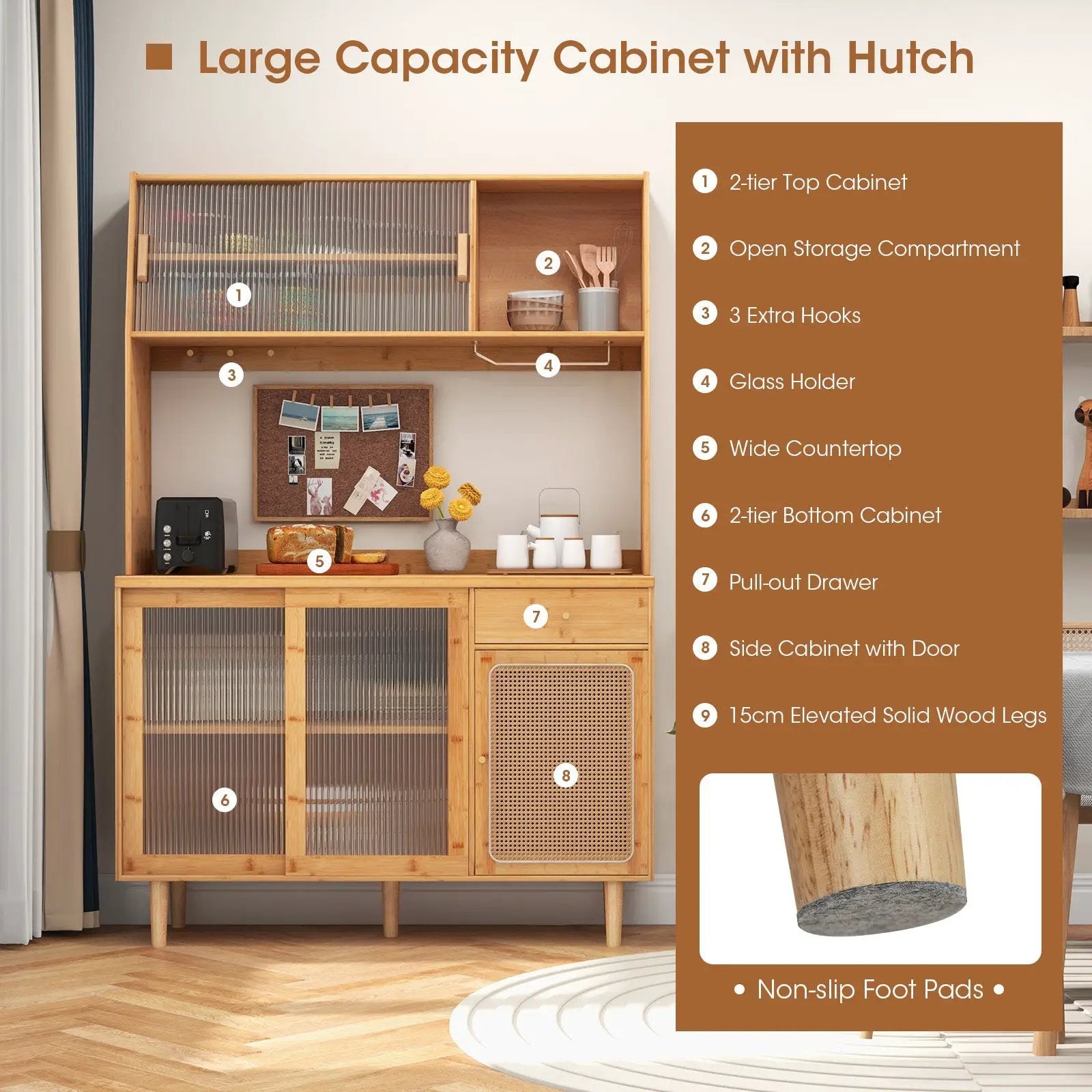 69 Inch Wine Bar Kitchen Cabinet with Sliding Tempered Glass and Rattan Door-Natural by DirectDeals