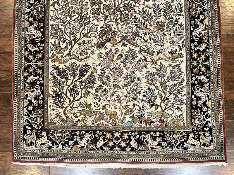 Persian Qum Tree of Life Rug 5x7, Wool and Silk Highlights, Animal Motifs, Vintage Hand Knotted Handmade Cream & Black Fine Oriental Carpet by Jewel Rugs