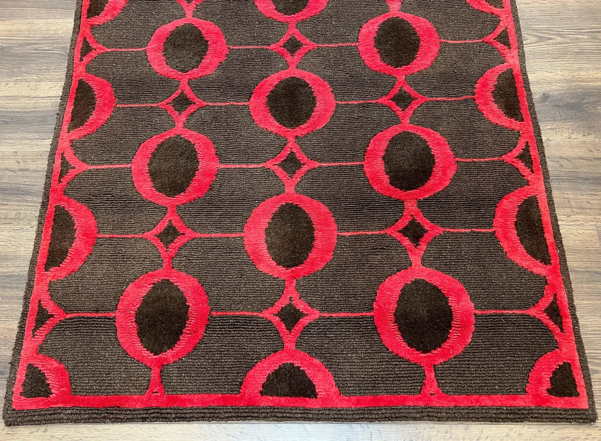 Modern Tibetan Rug 3.8 x 5.7, Raspberry Red and Dark Brown, Abstract Circle Design, Hand Knotted, Soft Wool Handmade Tibet Nepali Carpet 4x6 by Jewel Rugs