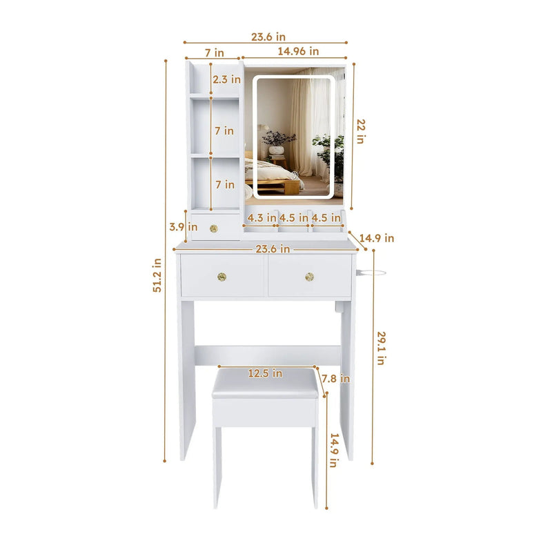 Modern Small Vanity Desk With 3 LED Lighting Modes, 3 Drawers by HouseOfZazla