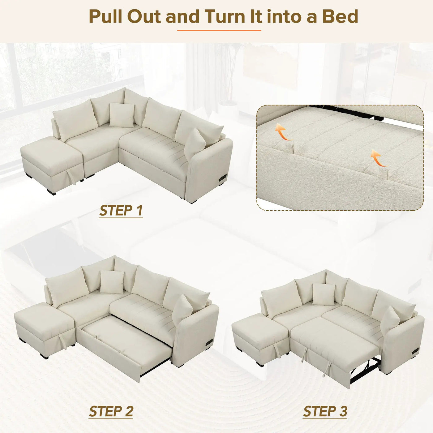 L-Shaped Sectional Pull Out Sofa Bed Sleeper Sofa With Two USB Ports, Two Power Sockets And A Movable Storage Ottoman by HouseOfZazla