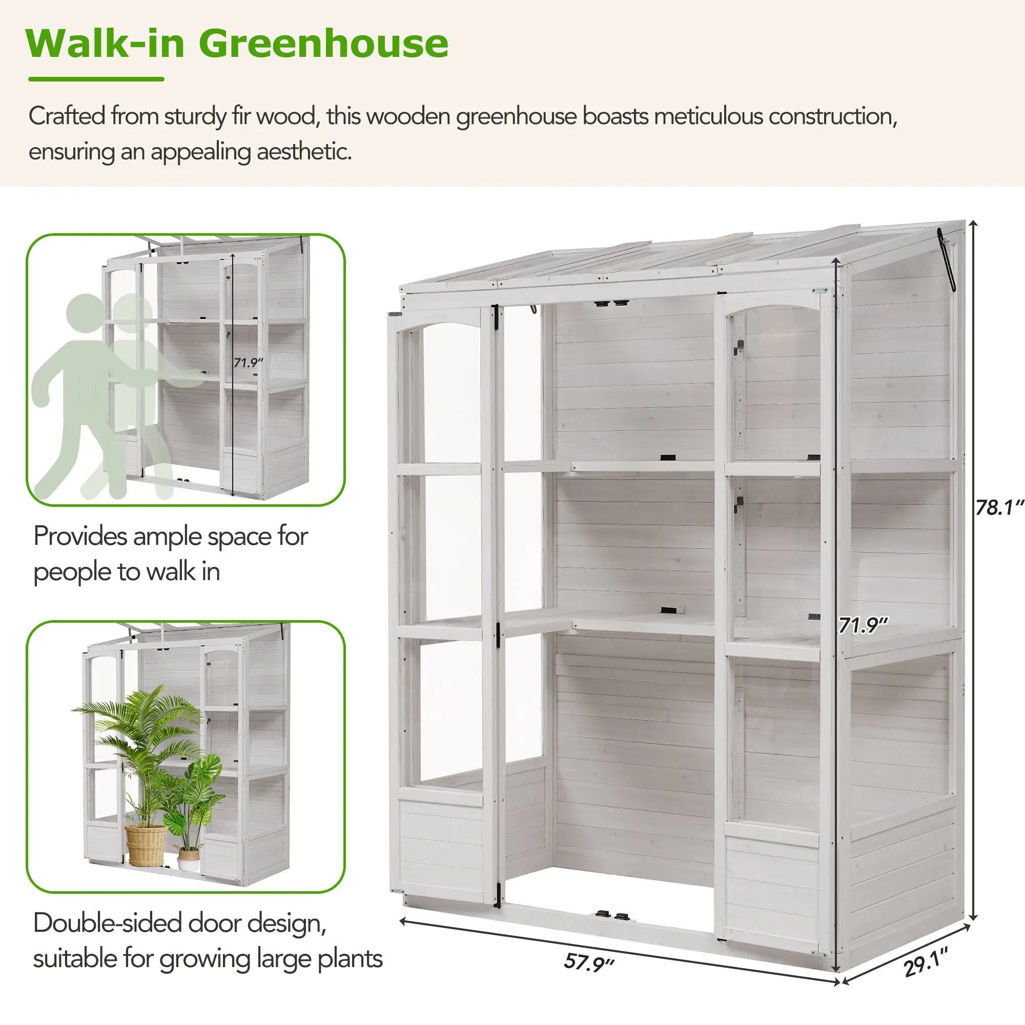 TOPMAX 78-Inch Wooden Greenhouse with Skylights and Folding Shelves by HouseOfZazla