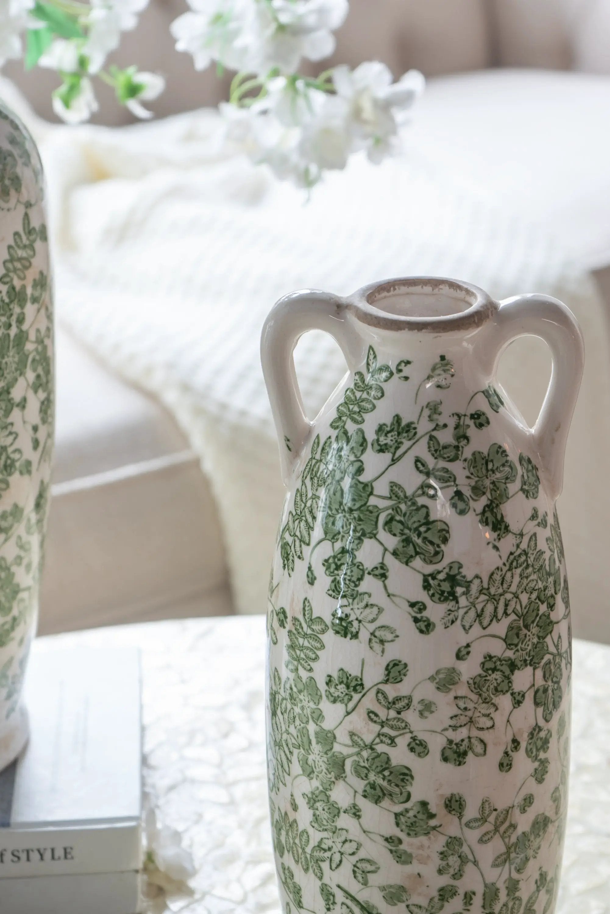 5.9x5.9x15.6' White Ceramic Flower Vase with Green Floral Pattern and Small Handles by HouseOfZazla