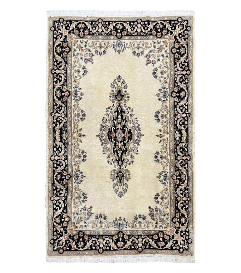 Persian Kirman Rug 4x7, Wool Hand Knotted Antique Carpet, Beige, Semi Open Field Medallion Rug, Traditional Handmade Oriental Rug by Jewel Rugs