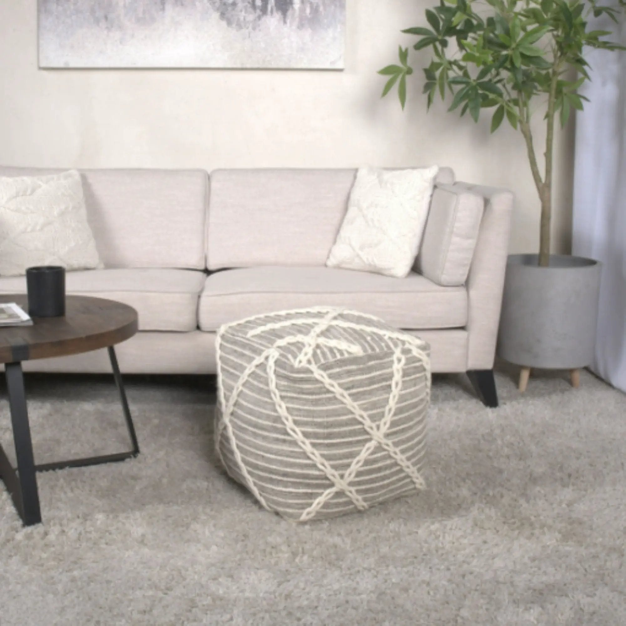 Modern Wool Rope Square Pouf Ottoman Floor Cushion - Gray / Ivory by HouseOfZazla