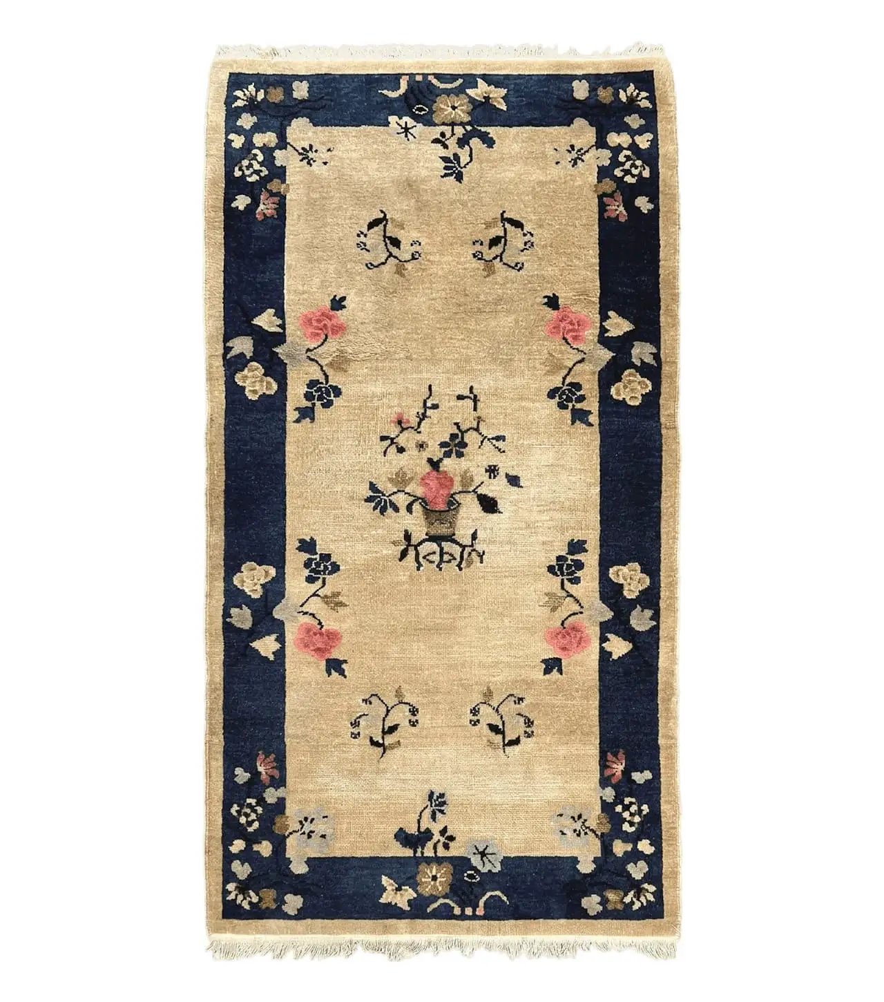 Antique Chinese Peking Rug 3x6, Beige and Dark Blue Hand Knotted Handmade Asian Oriental Carpet, Floral Vases, Vintage Wool Art Deco Rug by Jewel Rugs