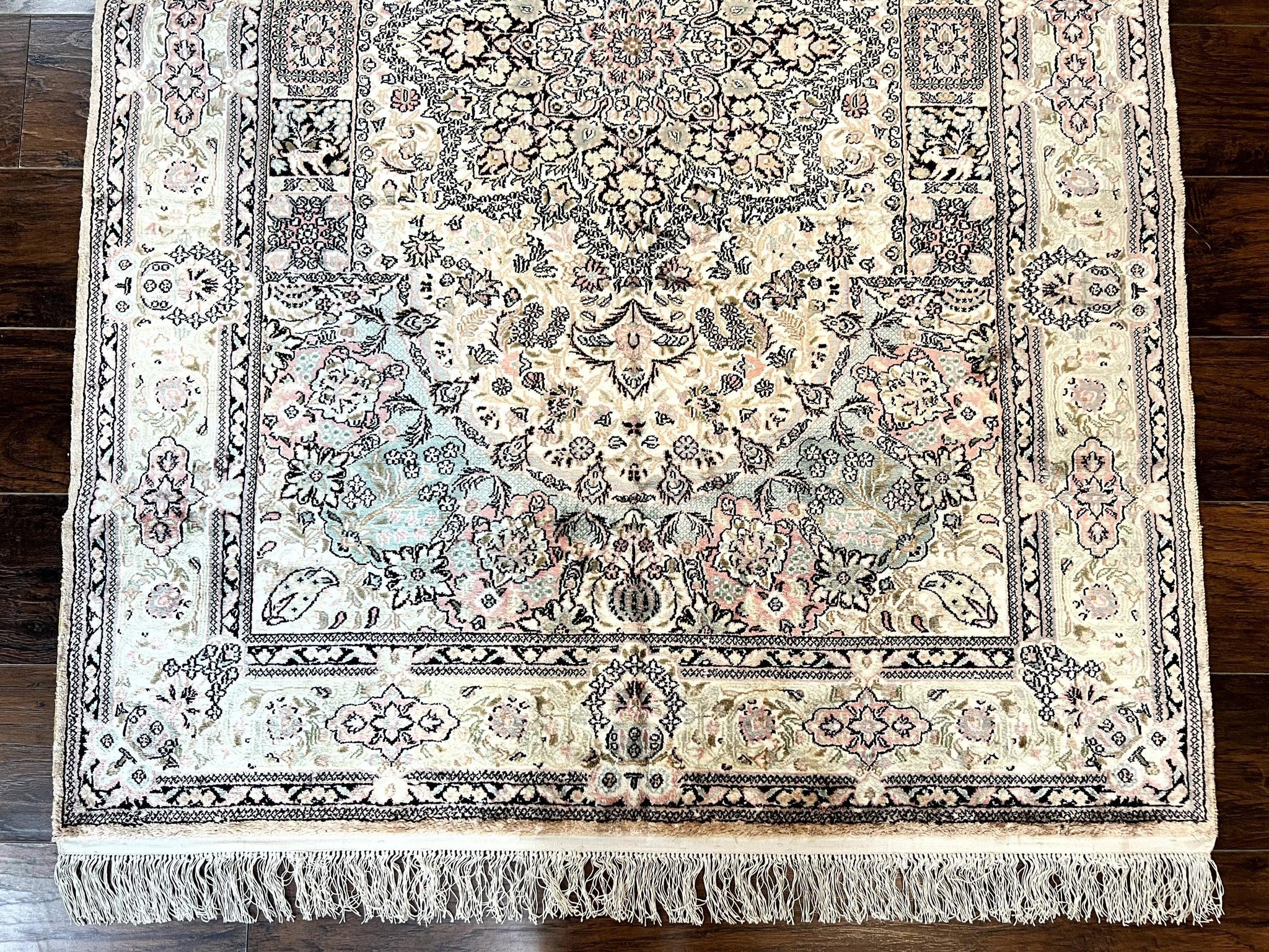 Silk Indian Kashmiri Rug 4x6, Handmade, Ivory, Fine 240 KPSI by Jewel Rugs