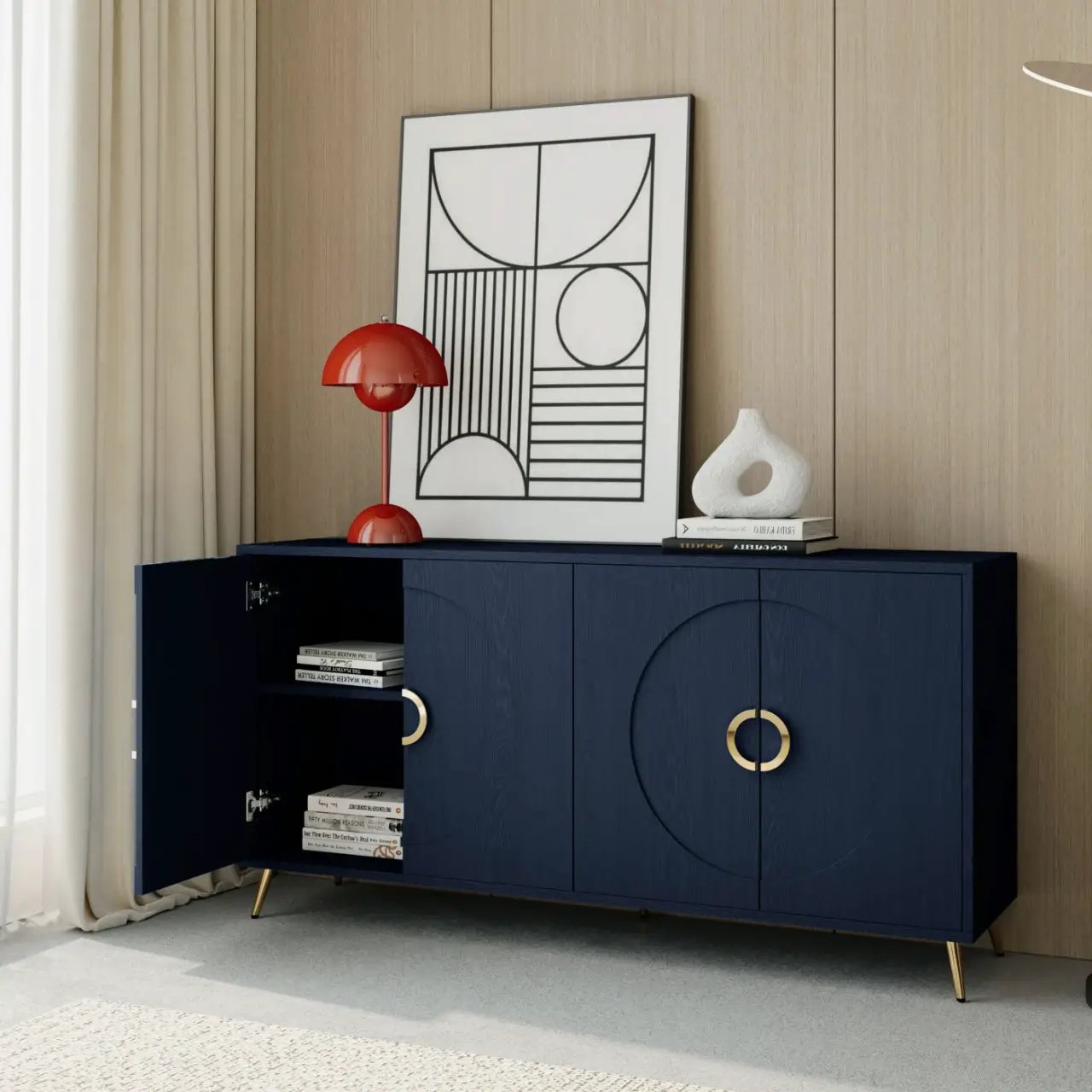 Modern Lacquered 4 Door Wooden Cabinet Sideboard Buffet Server Cabinet Storage Cabinet, For Living Room, Entryway, Hallway, Office, Kitchen And Dining Room by Unique Piece Furniture