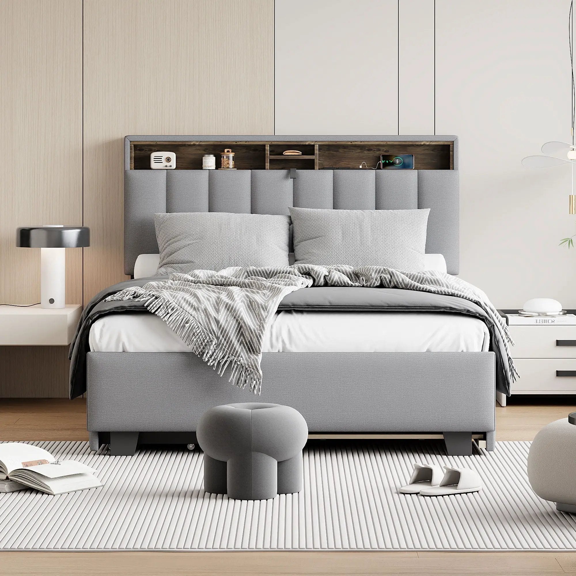 Upholstered Platform Bed With Storage Headboard, Trundle & 2 Drawers And A Set Of Sockets & USB Ports by Unique Piece Furniture