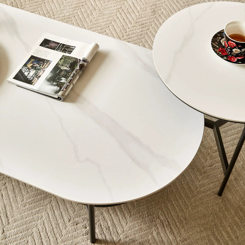 Contemporary Coffee Table Sintered Stone Surface With Ceramic Finish Double Layer Design Base Matte Shelf Modern Living Room Center Table - White / Gray by HouseOfZazla