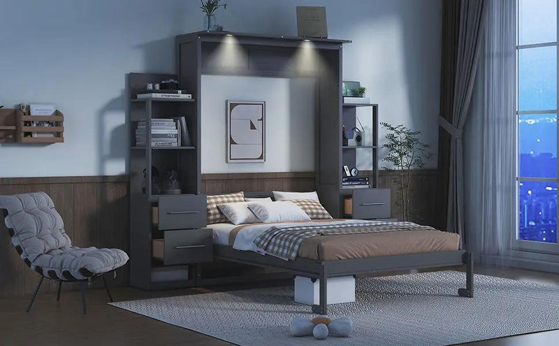Murphy Wall Bed With LED Lights, Shelves And Drawers